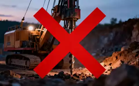 Ein großes, rotes 'X' vor einem unscharfen Hintergrund mit Bergbauausrüstung und einem Bohrturm, das eine Blockade darstellt. - Foto: über boerse-global.de