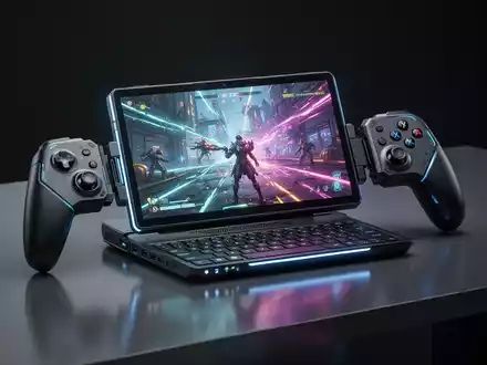 A close-up of a high-performance, modular handheld gaming PC with a bright, colorful display and detachable controllers. - Foto: über boerse-global.de