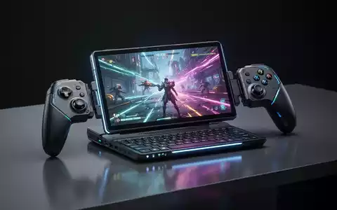 A close-up of a high-performance, modular handheld gaming PC with a bright, colorful display and detachable controllers. - Foto: über boerse-global.de