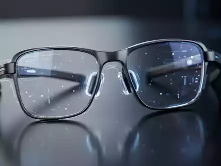 Sleek, modern smart glasses with integrated audio technology, reflecting futuristic light on a dark surface. - Foto: über boerse-global.de