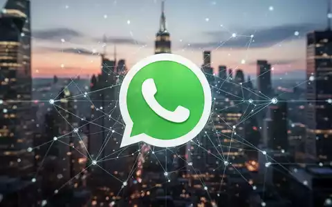 A stylized image showing the WhatsApp logo connected by digital lines to a network of abstract nodes, set against a blurred city skyline. - Foto: über boerse-global.de