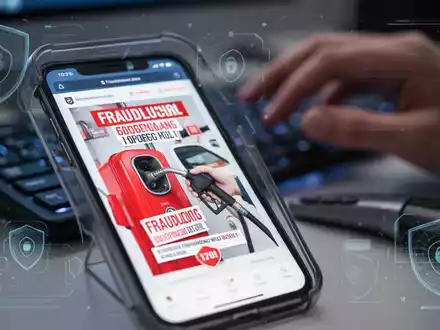A smartphone screen shows a fake ad for cheap fuel, with a blurred hand typing on a keyboard in the background. - Foto: über boerse-global.de