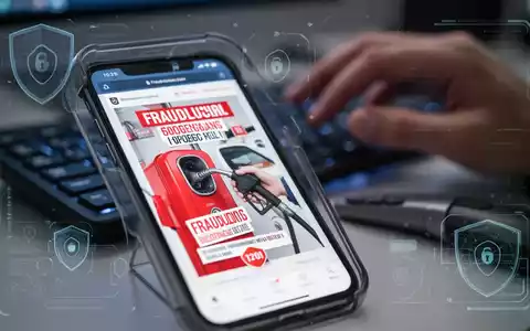 A smartphone screen shows a fake ad for cheap fuel, with a blurred hand typing on a keyboard in the background. - Foto: über boerse-global.de