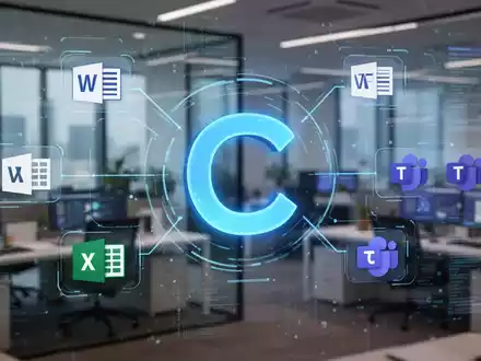 A glowing blue 'C' icon, representing Microsoft Copilot, on a digital interface with blurred office background. - Foto: über boerse-global.de
