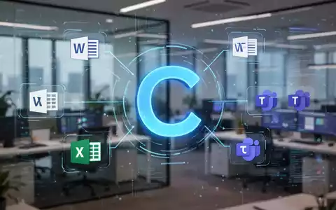 A glowing blue 'C' icon, representing Microsoft Copilot, on a digital interface with blurred office background. - Foto: über boerse-global.de