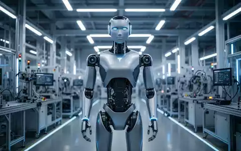An advanced humanoid robot, similar to Tesla Optimus, stands in a futuristic, brightly lit manufacturing facility, symbolizing mass production. - Foto: über boerse-global.de