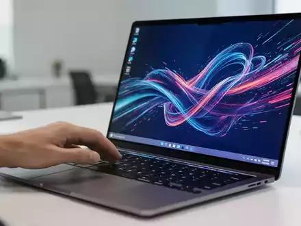 Nahaufnahme einer Hand, die auf einer Laptoptastatur tippt, mit einem flüssigen Windows 11-Desktop auf dem Bildschirm. - Foto: über boerse-global.de