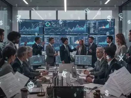 Geschäftsleute diskutieren im Büro vor Bildschirmen mit Finanzdaten und Steuersymbolen, die strategische Entscheidungen über Unternehmensrechtsformen darstellen. - Foto: über boerse-global.de