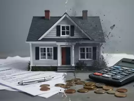 Ein stilisiertes, fragmentiertes Bild eines Hauses, das Trennung symbolisiert, mit juristischen Dokumenten und Münzen im Vordergrund. - Foto: über boerse-global.de