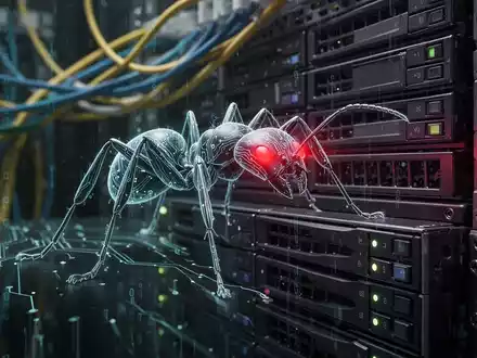 A stylized ant made of glowing circuit lines crawls on a dark server rack, its red eyes symbolizing cyber espionage. - Foto: über boerse-global.de