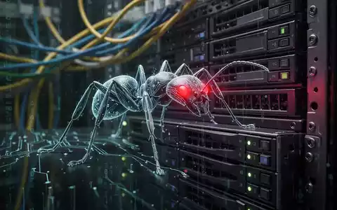 A stylized ant made of glowing circuit lines crawls on a dark server rack, its red eyes symbolizing cyber espionage. - Foto: über boerse-global.de