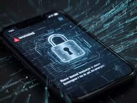 Nahaufnahme eines Smartphone-Bildschirms mit einer digitalen Warnmeldung und abstrakten Codezeilen im Hintergrund, die Cybersicherheit symbolisieren. - Foto: über boerse-global.de
