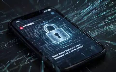 Nahaufnahme eines Smartphone-Bildschirms mit einer digitalen Warnmeldung und abstrakten Codezeilen im Hintergrund, die Cybersicherheit symbolisieren. - Foto: über boerse-global.de
