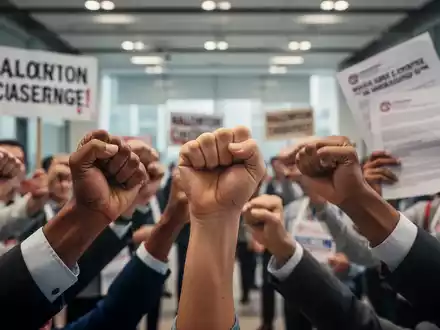 Nahaufnahme verschiedener Hände, einige zu Fäusten geballt, andere halten Schilder oder Dokumente, Symbol für Gewerkschaften. - Foto: über boerse-global.de
