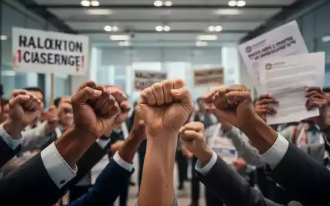 Nahaufnahme verschiedener Hände, einige zu Fäusten geballt, andere halten Schilder oder Dokumente, Symbol für Gewerkschaften. - Foto: über boerse-global.de