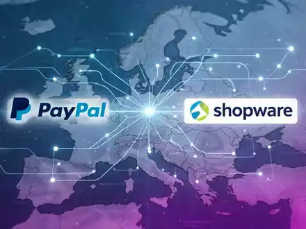 Digital payment flows connecting PayPal and Shopware logos over a stylized map of Europe, representing their new partnership and expansion. - Foto: über boerse-global.de