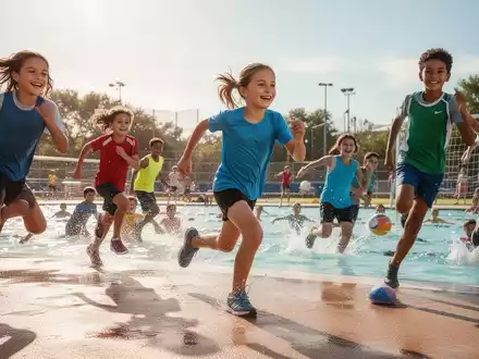 Eine Gruppe Kinder und Jugendlicher, die aktiv an verschiedenen Sportarten im Freien teilnehmen, darunter Laufen und Schwimmen, in einer dynamischen Einstellung. - Foto: über boerse-global.de