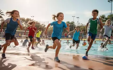 Eine Gruppe Kinder und Jugendlicher, die aktiv an verschiedenen Sportarten im Freien teilnehmen, darunter Laufen und Schwimmen, in einer dynamischen Einstellung. - Foto: über boerse-global.de