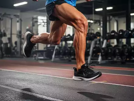 Nahaufnahme der muskulösen Beine eines Läufers in Bewegung auf einer Laufbahn, im Hintergrund verschwommenes Fitnessstudio mit Gewichten. - Foto: über boerse-global.de