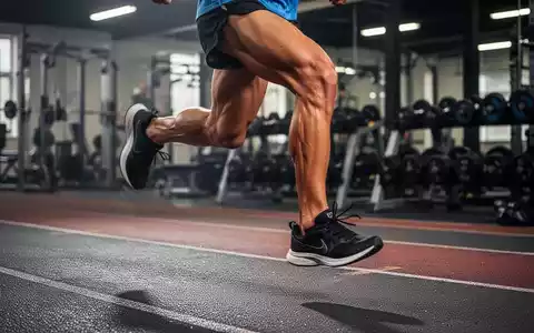 Nahaufnahme der muskulösen Beine eines LĂ€ufers in Bewegung auf einer Laufbahn, im Hintergrund verschwommenes Fitnessstudio mit Gewichten. - Foto: ĂŒber boerse-global.de
