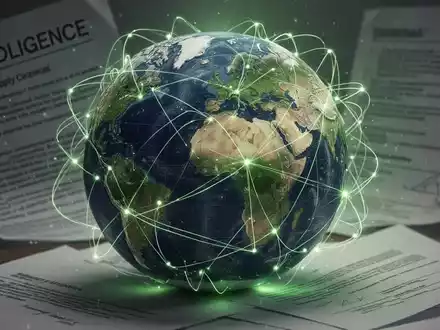 Eine stilisierte Weltkugel mit vernetzten Linien, die globale Lieferketten darstellen, überlagert von Gesetzestexturen. - Foto: über boerse-global.de