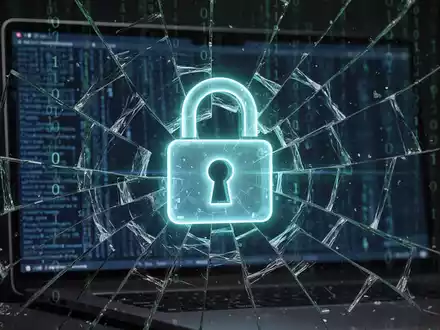 A glowing padlock icon digitally overlaid on a shattered computer screen, with binary code in the background, symbolizing data security vulnerabilities. - Foto: über boerse-global.de