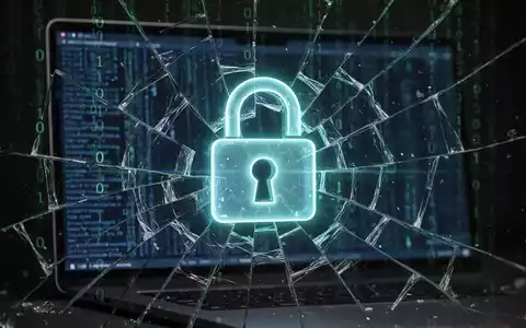 A glowing padlock icon digitally overlaid on a shattered computer screen, with binary code in the background, symbolizing data security vulnerabilities. - Foto: über boerse-global.de