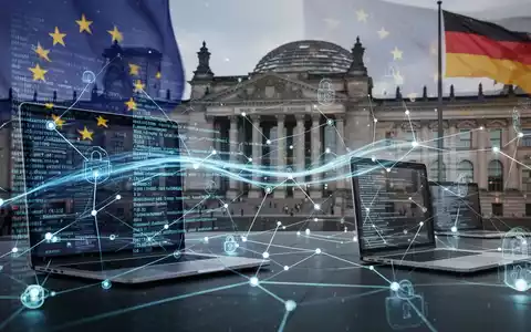 Digitale Darstellung von Gesetzestext und Datenfluss über ein Netzwerk, überlagert mit EU-Flaggen und dem Bundestag im Hintergrund. - Foto: über boerse-global.de