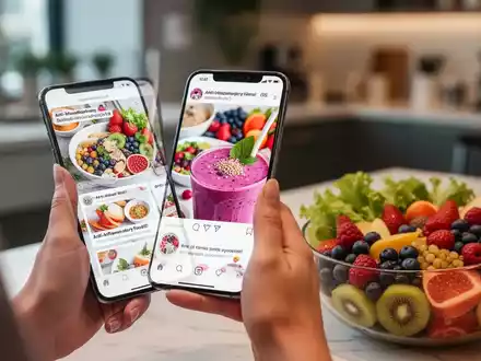 Eine Person scrollt auf einem Smartphone durch Ernährungstrends, gespiegelt in einem gesunden Smoothie, umgeben von Obst und Gemüse. - Foto: über boerse-global.de