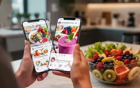 Eine Person scrollt auf einem Smartphone durch Ernährungstrends, gespiegelt in einem gesunden Smoothie, umgeben von Obst und Gemüse. - Foto: über boerse-global.de