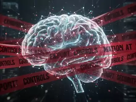 An abstract, glowing AI brain or network is partially restricted by digital red tape, symbolizing export controls and national security. - Foto: über boerse-global.de