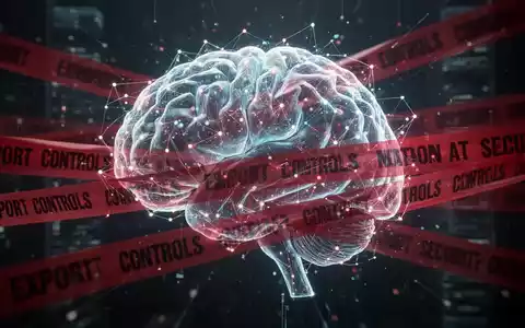 An abstract, glowing AI brain or network is partially restricted by digital red tape, symbolizing export controls and national security. - Foto: über boerse-global.de