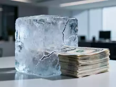 Ein großer Eisblock, der einen Stapel Währungen oder Finanzdokumente teilweise verdeckt, in einem Büro. - Foto: über boerse-global.de