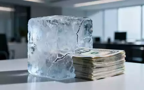 Ein großer Eisblock, der einen Stapel Währungen oder Finanzdokumente teilweise verdeckt, in einem Büro. - Foto: über boerse-global.de