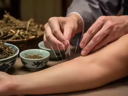 Eine Nahaufnahme zeigt die Hände eines TCM-Praktikers, der Akupunkturnadeln in den Arm eines Patienten setzt. Im Hintergrund sind Kräuter und Schalen verschwommen zu sehen. - Foto: über boerse-global.de