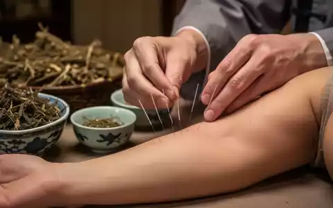 Eine Nahaufnahme zeigt die Hände eines TCM-Praktikers, der Akupunkturnadeln in den Arm eines Patienten setzt. Im Hintergrund sind Kräuter und Schalen verschwommen zu sehen. - Foto: über boerse-global.de