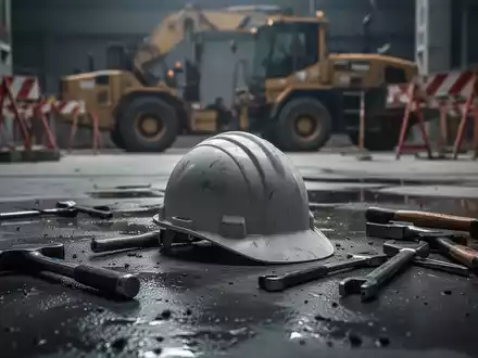 Ein gelber Bauhelm liegt auf einem nassen Betonboden auf einer Baustelle, umgeben von verschwommenen Werkzeugen und Maschinen. - Foto: über boerse-global.de