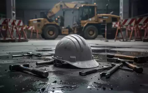 Ein gelber Bauhelm liegt auf einem nassen Betonboden auf einer Baustelle, umgeben von verschwommenen Werkzeugen und Maschinen. - Foto: über boerse-global.de
