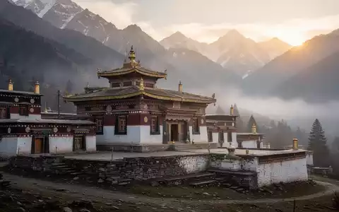 Ein ruhiges, altes tibetisches Kloster in den Himalaya-Bergen bei Sonnenaufgang, umgeben von sanftem Nebel. - Foto: über boerse-global.de