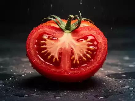 Eine halbierte, leuchtend rote Tomate mit Wassertropfen auf dunklem Hintergrund. - Foto: über boerse-global.de