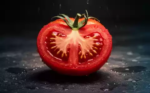 Eine halbierte, leuchtend rote Tomate mit Wassertropfen auf dunklem Hintergrund. - Foto: über boerse-global.de