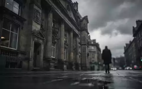 Historisches schottisches Finanzgebäude unter bewölktem Himmel, eine Person entfernt sich, symbolisiert Abnahme oder Abschied. - Foto: über boerse-global.de