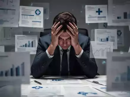 Eine Person sitzt am Schreibtisch mit dem Kopf in den Händen, umgeben von verschwommenen Finanzdokumenten und medizinischen Symbolen. - Foto: über boerse-global.de