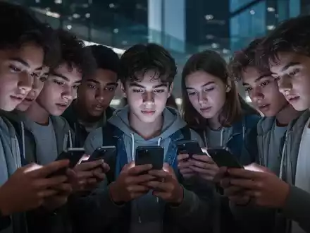 Jugendliche schauen auf ihre Smartphones, ihre Gesichter werden vom Bildschirmlicht beleuchtet, in einer urbanen Umgebung. - Foto: über boerse-global.de