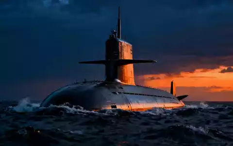 Ein modernes U-Boot im Wasser bei Sonnenuntergang, mit sichtbarem Kommandoturm und dunklem Himmel. - Foto: über boerse-global.de