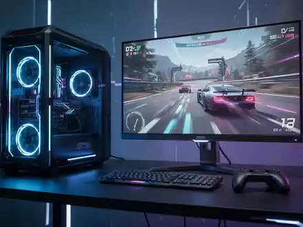 A futuristic gaming PC setup with a glowing monitor displaying a racing game, illustrating fast loading times and advanced technology. - Foto: über boerse-global.de