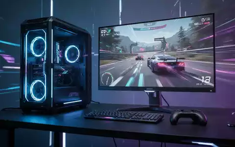 A futuristic gaming PC setup with a glowing monitor displaying a racing game, illustrating fast loading times and advanced technology. - Foto: über boerse-global.de