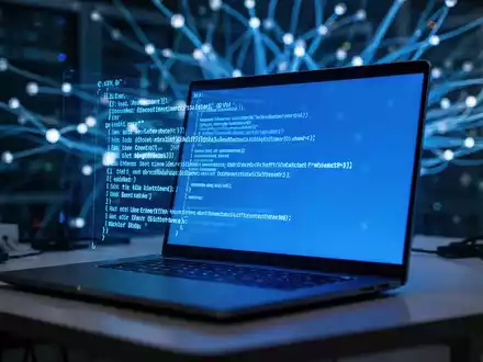 A laptop screen glows blue, displaying error messages. Blurred network connections are in the background, symbolizing system instability. - Foto: über boerse-global.de