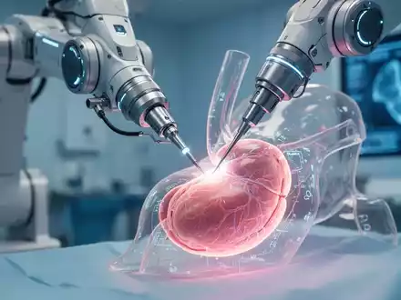 Ein futuristischer Roboterarm führt mit Präzisionsinstrumenten einen minimalinvasiven Eingriff an einem leuchtenden Organmodell durch. - Foto: über boerse-global.de