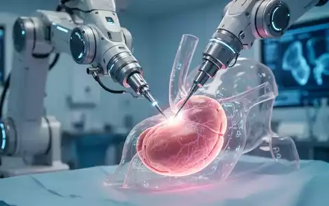 Ein futuristischer Roboterarm führt mit Präzisionsinstrumenten einen minimalinvasiven Eingriff an einem leuchtenden Organmodell durch. - Foto: über boerse-global.de